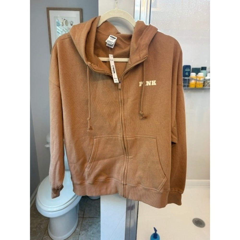 NWT Victoria's Secret PINK Hoodie XL Brown Varsity Logo Full Zip Fleece